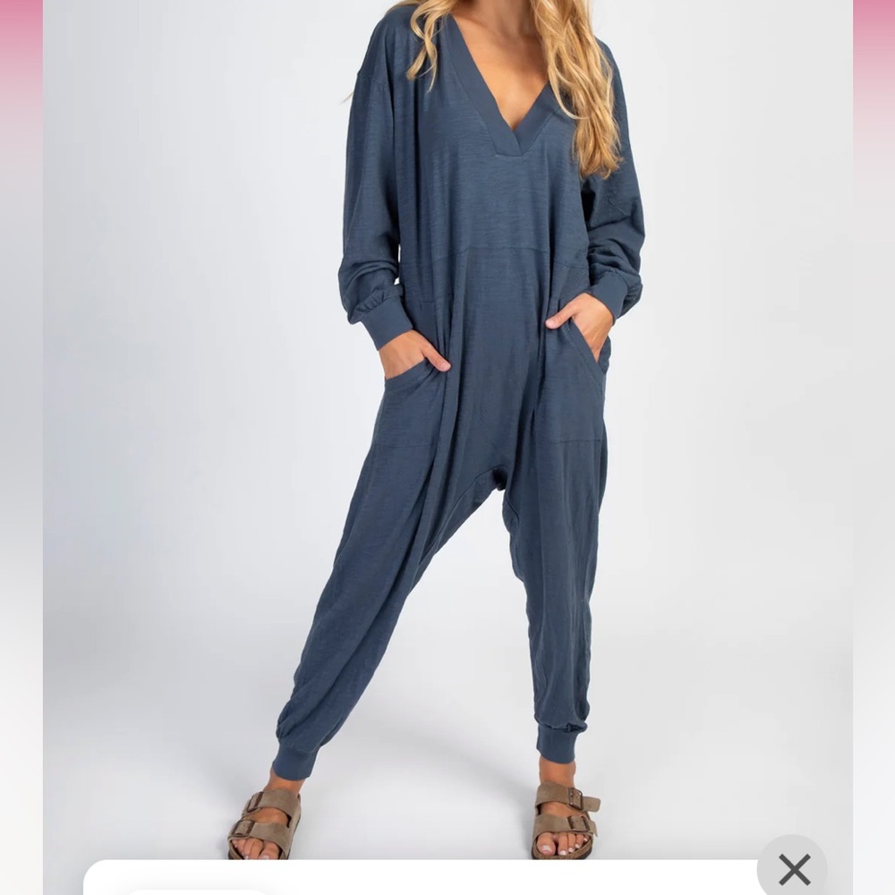 NATURAL LIFE Slate Blue V-Neck Jumpsuit - Picture 2 of 8